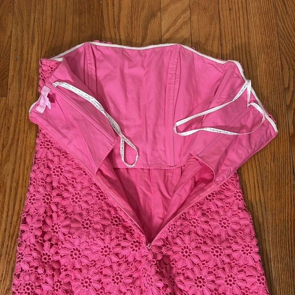 Lilly Pulitzer Bowen Pink Floral Eyelet Lace Strapless Empire Waist Dress Size 0 - Picture 4 of 8